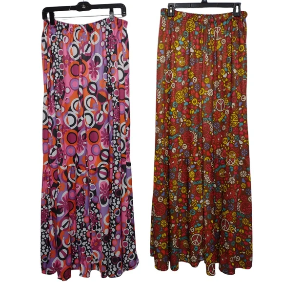 2 Pair Bell Bottom Hippie Pants Women's Floral And Peach Sign Flare Pants - Picture 8 of 11